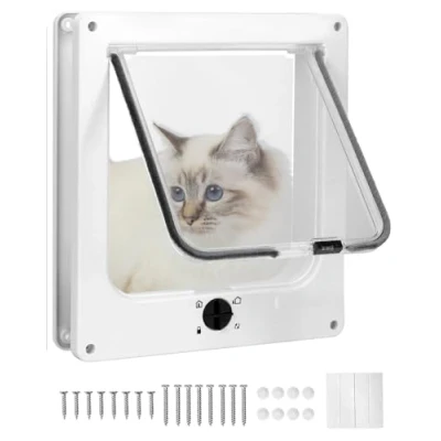 Image de QWORK® Chatiere pour Chat, avec Verrouillage Rotatif à 4 Voies, Blanc, 27 X 23.5 5 cm, Installation Facile et Réduction du Bruit