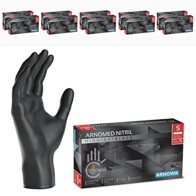 Image de ARNOMED gants nitrile taille S, gant noir, 1000 pcs (10 boîtes), noir jetable non poudrés &amp; sans latex, de cuisine jetables, jetables XS, M, L, XL, XXL
