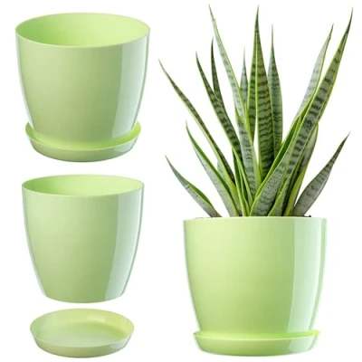Image de KADAX Élégant Pot de Fleurs, à Plantes avec Soucoupe, Fleurs Rond, en Plastique, Cache pour Interieur Ø 20 cm Vert Clair
