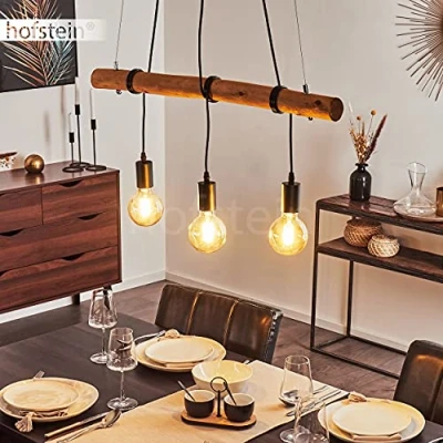 Image de Suspension Seegaard en bois clair et métal noir, 3 lampes pendantes vintages idéal au dessus d&#039;une table de salle à manger rétro, pour ampoules E27, ampoule(s) non incluse(s)