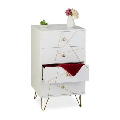 Image de Relaxdays Commode à 4 tiroirs, HLP : 86 x 48 39 cm, MDF et métal, pour Chambre, Salon, Meuble d&#039;appoint, Blanc/doré
