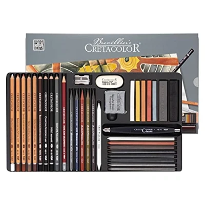 Image de CRETACOLOR Ultimo, set de croquis, 35 pièces, d&#039;artiste complet, y compris gomme et taille crayon, divers matériaux dessin