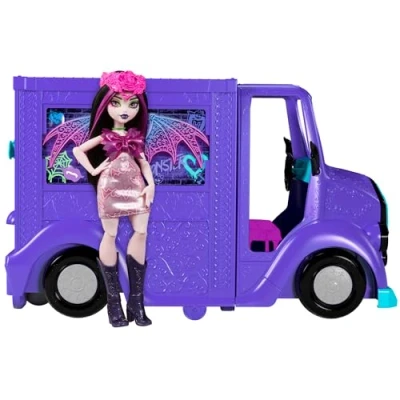 Image de Monster High Tour Bus Rock Sang sationnel Coffret avec poupée Draculaura et Qui se transforme en scène, Plus de 13 Accessoires sur Le thème la Nourriture Musique, HXH83