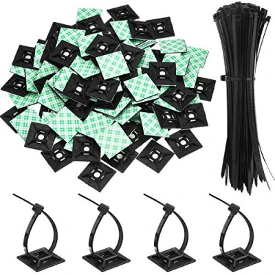 Image de Paquet de 100 Zip Tie Adhésifs Supports Auto Base Serre Câbles avec Attache Câble Universel à Usages Multiples Noir (Longueur 200 mm, Largeur 2.8 cm, Noir)