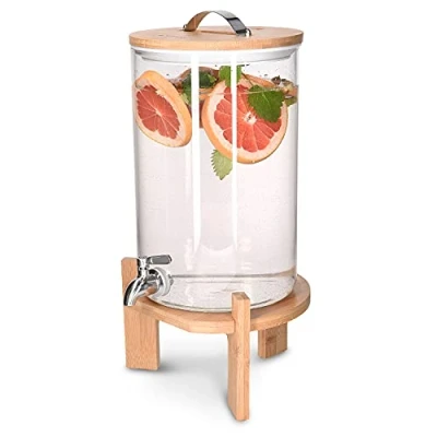 Image de Navaris Distributeur de Boissons avec Robinet Boisson 7L en Verre Couvercle et Support Bois Fontaine Eau Cocktail Jus Alcool