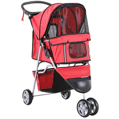 Image de PawHut Poussette buggy pliable animaux, chariot pliant chien chat, porte gobelet panier de rangement inclus, roues avec frein, tissu 600D Oxford acier, 75 x 45 97 cm rouge