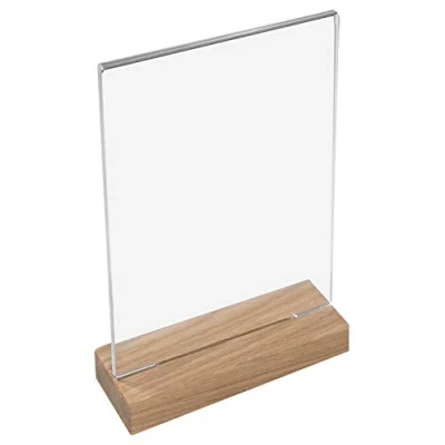 Image de HMF 46944 Présentoir de Table Acrylique avec Base en Bois DIN A4 Format Portrait Transparent