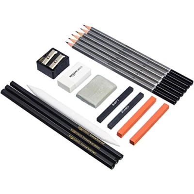 Image de Amazon Basics Kit de croquis et dessin avec crayons inclus, 17 pièces, Charbon