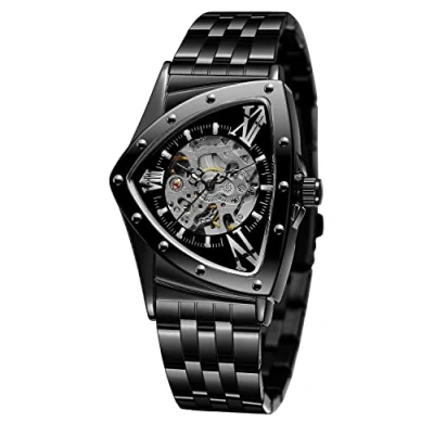 Image de FORSINING Montre pour homme étanche à 30 m Squelette Creux Automatique Éblouissant Rétro Triangle bracelet, Noir , Bracelet