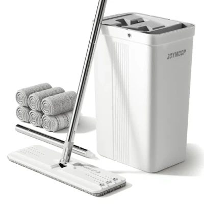 Image de JOYMOOP Serpillère et seau avec essoreuse pour la maison, plat blanc nettoyage du sol, balai mains libres humide sec murs, 152,4 cm 6 tampons en microfibre réutilisables