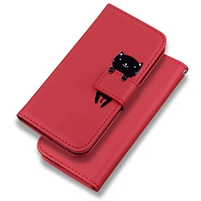 Image de Bartern Coque Apple iPhone 7 Plus/iPhone 8 Plus Clapet,Dessin Animé Chat Portefeuille Etui en Cuir PU,TPU Antichoc Housse Flip Case avec Rabat Fentes pour Cartes et Fonction Support,Rouge