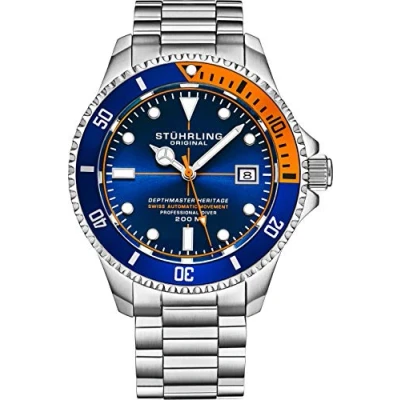 Image de Stuhrling Montre de plongée DEPTHMASTER en Acier Inoxydable Automatique 200 mètres résistant à l&#039;eau, Bracelet brossé et biseauté avec Fermoir sécurité pour plongeurs Couronne vissée