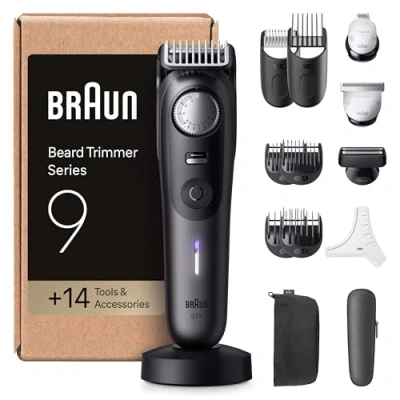 Image de Braun Tondeuse À Barbe Series 9, + 14 Outils De Barbier, Mode PowerBoost, Lame ProBlade, 180 Min D&#039;autonomie, Dégradé, 52 Longueurs, Molette Précision Et Verrouillage, Étanche, BT9565, Titane