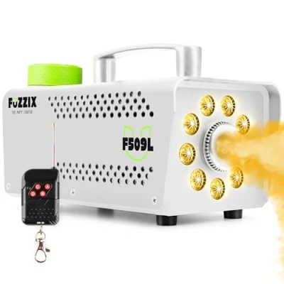 Image de Fuzzix F509LW Machine à Fumée 500 Watts avec 9 LEDs RGB Blanc, Facile transporter, Puissante et Compacte, Niveau de Réservoir, Idéal pour les Anniversaires, Soirées Halloween