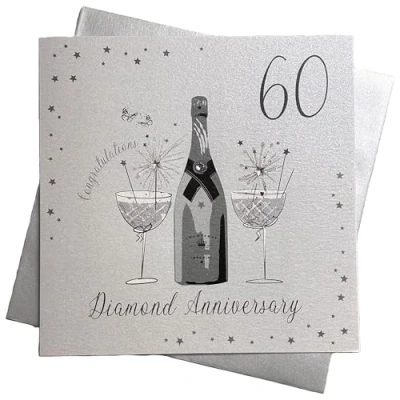 Image de WHITE COTTON CARDS Grande Carte Diamant Faite à la Main pour 60e Anniversaire de Mariage (Champagne et chocolats), Blanc, 22cm x