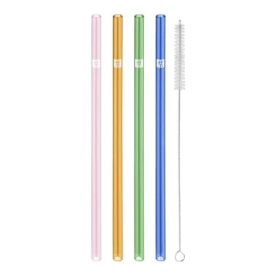 Image de ZWILLING pailles incurvées réutilisables en verre borosilicate pour boissons chaudes ou froides, pack de 4 + 1 brosse à nettoyer, longueur 23 cm, couleur: multicolore, série Sorrento