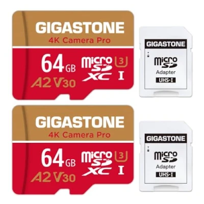 Image de Gigastone Carte Mémoire 64 Go Lot de 2 Cartes, 4K Caméra Pro, Compatible avec GoPro Switch, Vitesse 95 Mo/s. A2 U3 V30 Micro SDXC Adaptateur SD.