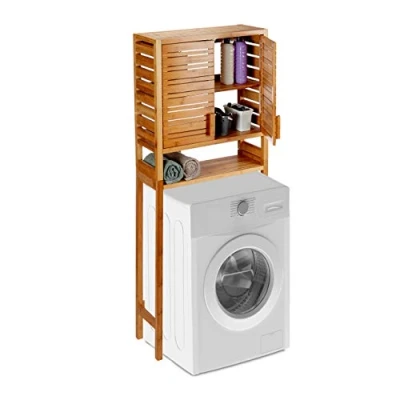 Image de Relaxdays Machine à Laver en Bambou, Droit, Portes lamelles, 3 Supports, Armoire WC, HlP 164x66x26 cm, Nature, 1
