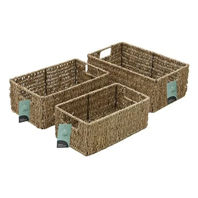 Image de JVL Lot de 3 paniers rangement rectangulaires en jonc mer