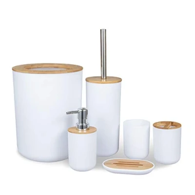 Image de MisFox Set Accessoires Salle de Bain, 6 Pièces Accessoire pour en Bambou avec Distributeur Savon, Porte Brosse à Dents, Toilettes WC, Poubelle(40L) et Gobelet Dent