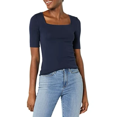 Image de Amazon Essentials T Shirt Ajusté à Manches Mi Longues et Col Carré Femme, Bleu Marine, M