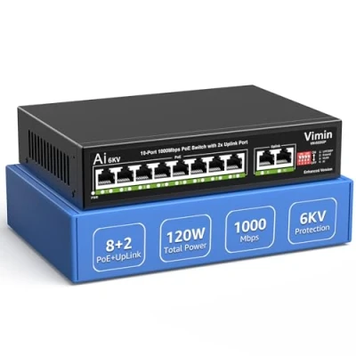 Image de Switch Gigabit PoE 10 Ports avec 8 PoE, VIMIN Réseau Non Géré 10/100/1000Mbps 2 Uplink, AI Watchdog, VLAN, Extension 250m, Supporte IEEE802.3af/at