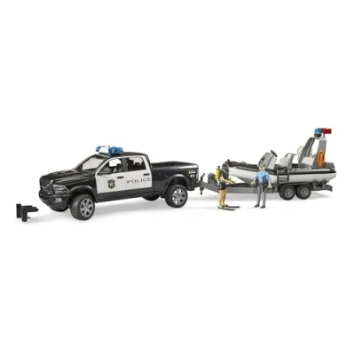Image de bruder 02507 RAM 2500 Polizei Pick up, module son et lumière, remorque avec bateau, 2 figurines, voiture d&#039;intervention, service de secours