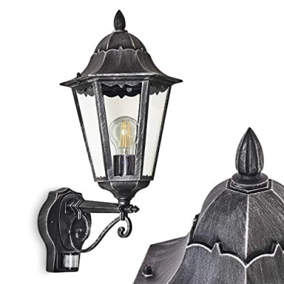 Image de hofstein applique murale extérieure Lignac avec détecteur de mouvements, vintage en fonte d&#039;aluminium noir/argent et verres transparents pour 1 ampoule E27, ampoule(s) non incluse(s), IP44