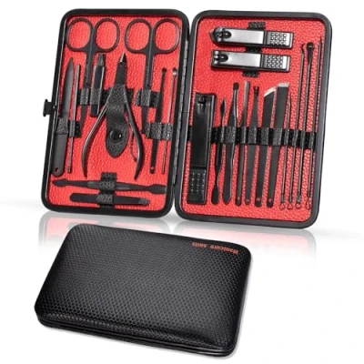Image de Kit Manucure 23pcs Coupe Ongle Set Pedicure en Acier Inoxydable Portable Ensemble de Ongles avec Coffret Cuir Inclus Trousse Femme Hommes Set, Noir Rouge