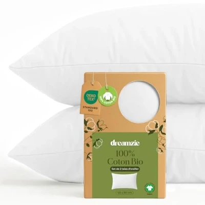 Image de Dreamzie 100% Coton Biologique Taie d&#039;oreiller 40x80 cm Bio Lot de 2 Blanc Oreiller Rectangulaire avec Fermeture Éclair Oeko Tex