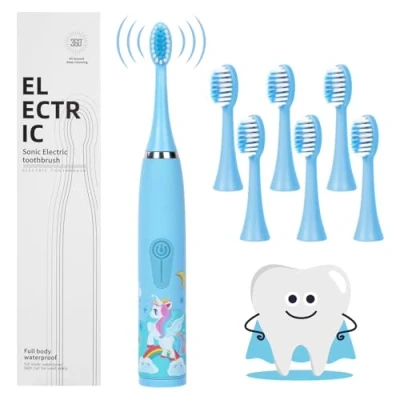 Image de Vicloon Brosse à Dents Électrique Enfants, Bleu 4 Modes Nettoyage Sonique Rechargeable, Ultra sileucieux Poils doux, Étanchéité IPX6 Minuterie de 2 mins 6 Têtes