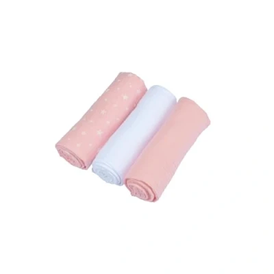 Image de Bébé Douceur, Set de 3 Langes 100% Gaze Coton 1 Imprimé et 2 Unis 70 x cm Rose Blanc