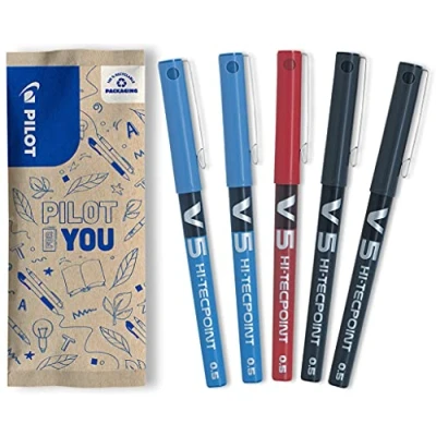 Image de PILOT Pack of 5 V5 Liquid ink roller pen Fine Assorted colors 2 Blue 1 Red Black