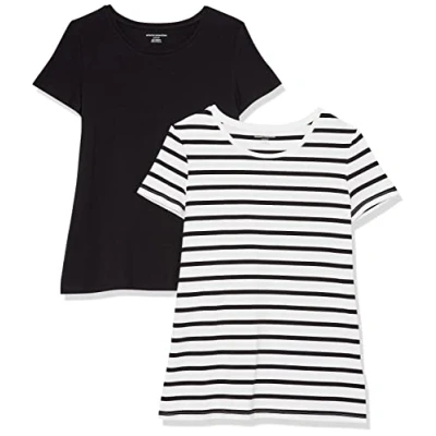 Image de Amazon Essentials T Shirt Col Rond à Manches Courtes Coupe Classique Femme, Lot de 2, Blanc Rayures/Noir, M