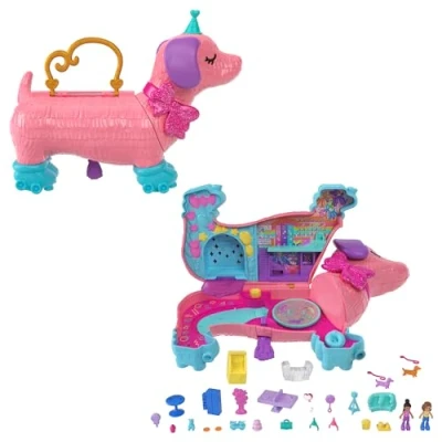Image de Polly Pocket Coffret La Fête du Chiot, Piñata Qui S’Ouvre sur D’Anniversaire avec Une Piste De Roller, 2 Figurines Et Plus 25 Accessoires, Jouet Enfant, Dès 3 Ans, HKV54