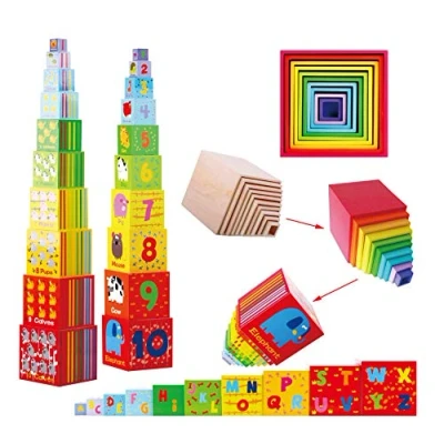 Image de TOWO Cubes emboitables en Bois Pyramide a empiler Bebe pour Apprendre à Compter Lot de 10 éducatif Montessori Les Animaux Jouets Enfant 2 Ans