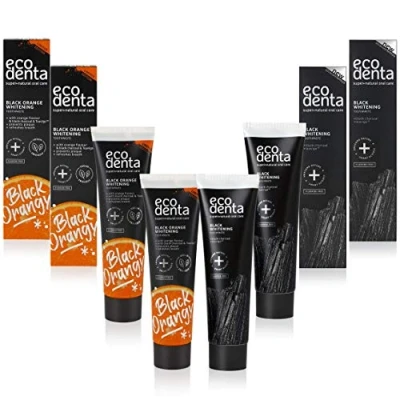 Image de Ecodenta Dentifrice au Charbon Actif Dents Blanches Sans Fluor 4 Pack I Noir Blanchiment des Blanchissant les Saveur Orange 4x100ml