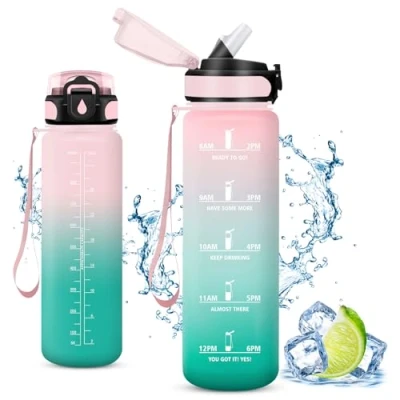 Image de Vikaster Bouteille d&#039;eau, Gourde avec Paille 1 l, sans BPA, Étanche &amp; Réutilisable, Water Bottle Ouvrir en Un Clic, Convient pour la Gym, Le Yoga, Camping, Randonnée