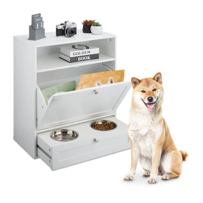Image de Relaxdays Armoire à Nourriture pour Chien, tiroir avec 2 gamelles, Compartiment basculant, H x l P : 68 60 33 cm, MDF, Blanc