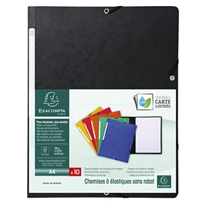 Image de Exacompta Réf. 55411E Paquet de 10 chemises à élastiques sans rabat pochettes en carte lustrée 355 g/m² dimensions 24 x 32 cm pour documents au format A4 couleur noir