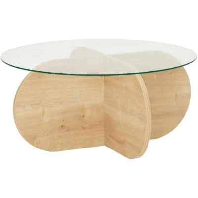 Image de Table basse design Venas D75cm Bois Chêne clair et Verre trompé Transparent Menzzo