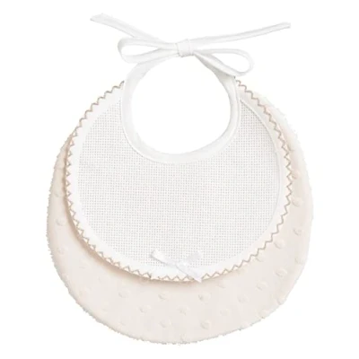 Image de Filet Bavoir rond en tissu doux avec pois effet 3D insert toile Aida à broder, fermeture lacets, fabriqué Italie, couleur beige