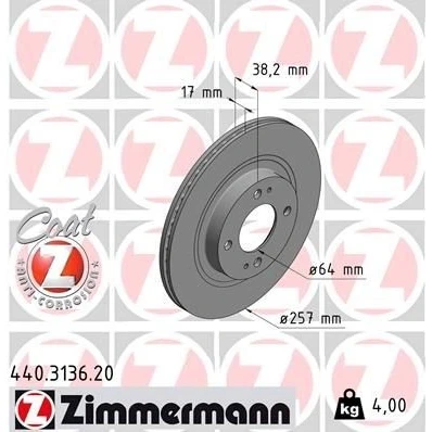 Image de ZIMMERMANN 440.3136.20 Disque de frein 257 17 6/4 4 100 ventilé l&#039;intérieur revêtu PEUGEOT: iOn 3/5 portes, CITROËN: C Zero portes