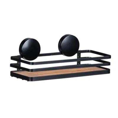 Image de Wenko Étagère Salle de Bain Murale Static Loc® Plus Alba Etagère Bains Fixation sans perçage Acier laqué Noir et Bambou Durable 26,5 x 12,5 11 cm Bois
