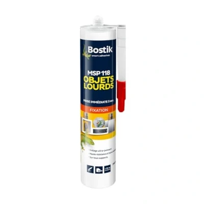 Image de Bostik Mastic Colle de Fixation MSP 118 Objets Lourds Intérieur/Extérieur Tous Supports Prise Immédiate en 5 Secondes Formule Hybride Polymère Sans Solvant Couleur : Blanc 290 ml