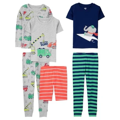 Image de Simple Joys by Carter&#039;s 6 Piece Snug Fit Cotton Pajama Set Ensemble de Pijama, Bleu Marine Éléphant/Gris Camions/Orange Rayures/Vert Rayures, 4 Ans (Lot 3) Garçon