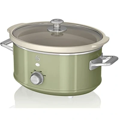 Image de Swan Retro SF17021GNEU Mijoteuse 3,5L Récipient Amovible, Antiadhésif en Céramique Libre PFOA et PTFE, 3 Niveaux de température, Couvercle Verre, Slow Cooker, Design Vintage, Vert, 200 W