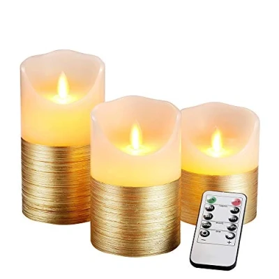 Image de AnnSpa 3 Set Or Bougies LED sans Flamme Fonctionne sur Batterie avec Télécommande à 10 Touches et Minuterie Cycliste 24 Heures, Vraie Cire Flickering Moving Mèche Scintillante Lumière Jaune Ambre