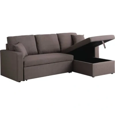 Image de Habitat et Jardin Canapé d&#039;angle Convertible Réversible Alain 3 Places Taupe Lit Moderne en Tissu Lin Espace de Stockage (Méridienne) Design