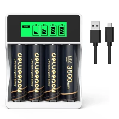 Image de Delyeepow Pile Rechargeable AA 1,5V 3500mWh,Pile Lithium 1500 Cycles ave LCD Chargeur